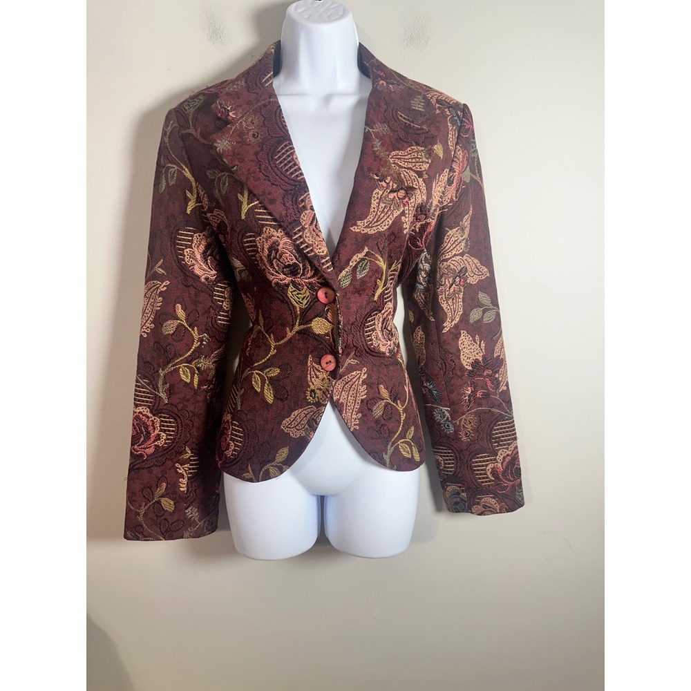 H&M Women Burgundy Floral Tapestry Brocade Blazer Jacket Size 10 US Tailored Fit